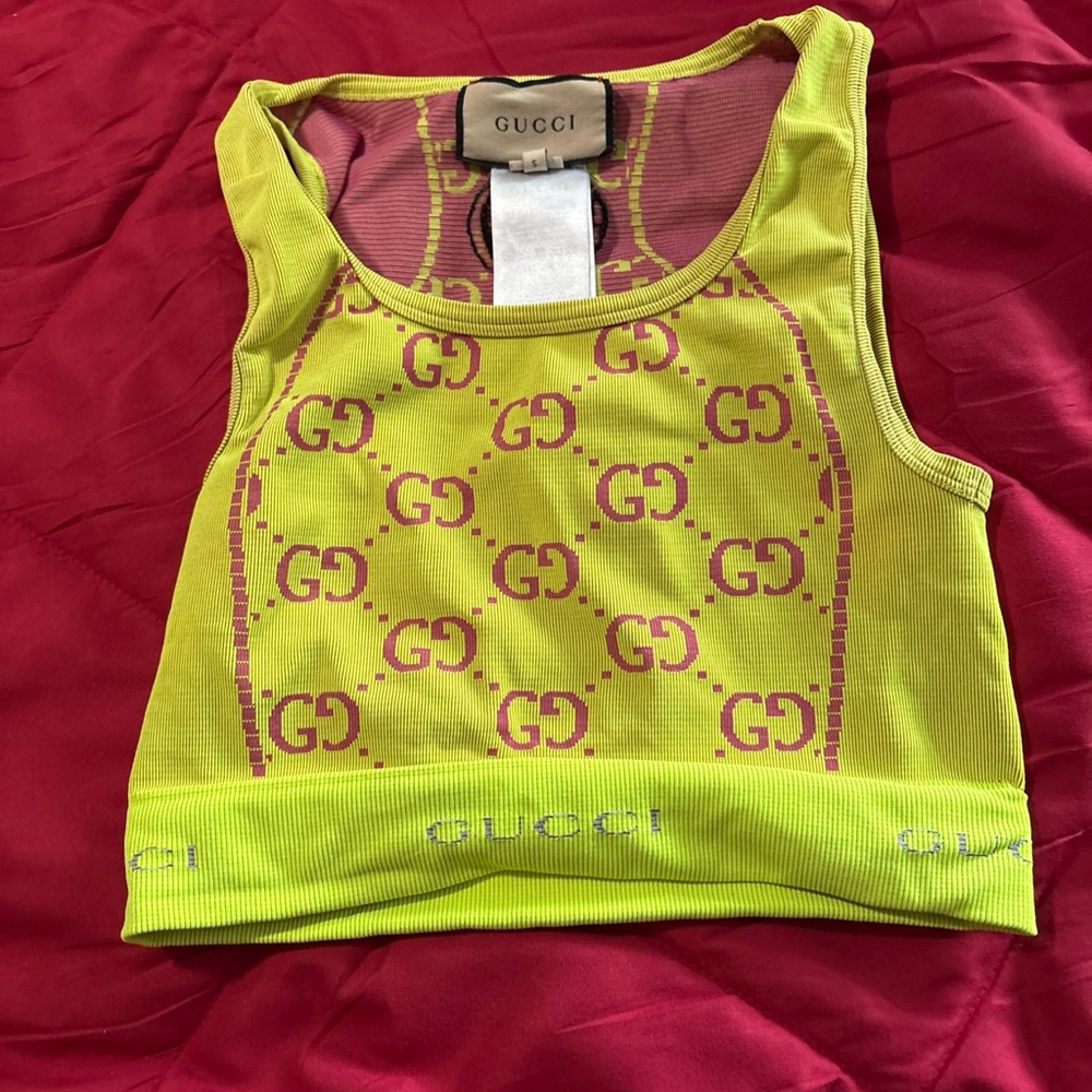 Gucci Neon Green Crop Top with Pink GG Pattern